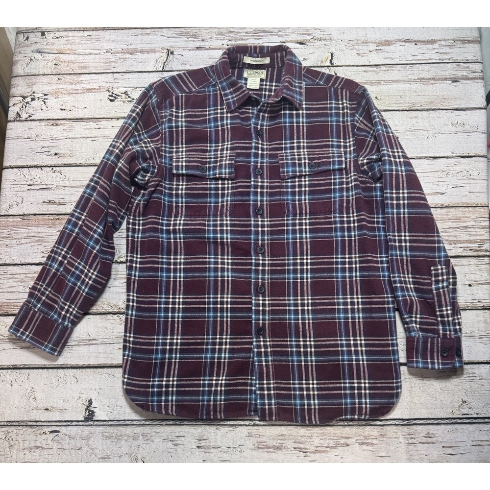 LL Bean Chamois Cloth Flannel Button Down Shirt Men's Medium Plaid 100% Cotton